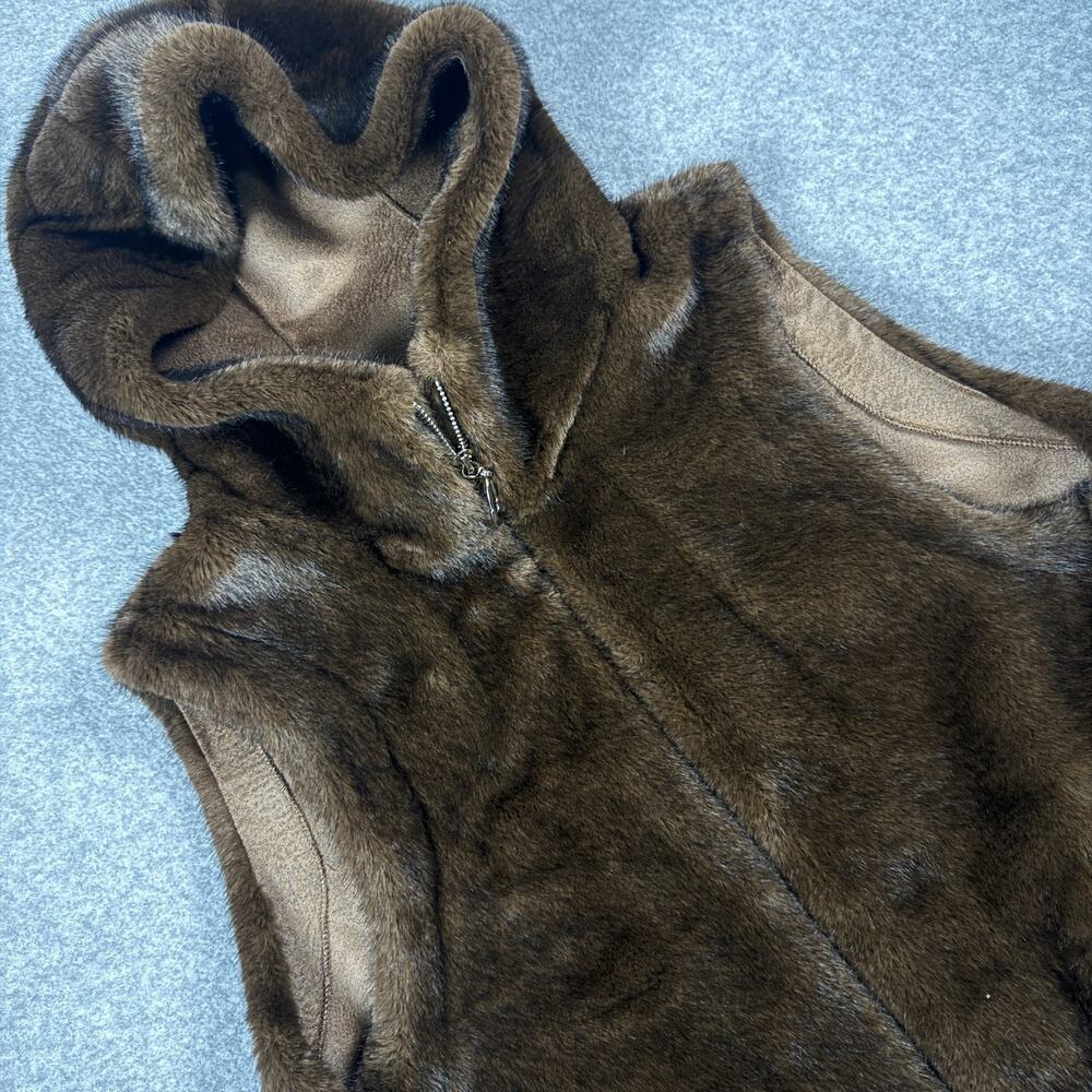 Ellison + Young Faux Mink Fur Hooded Vest NWT Size Small Brown Full Zip Pockets